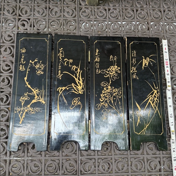 Vintage Japanese Black lacquer w mother of pearl Folding Screen Geishas 18”x14” - Picture 3 of 11